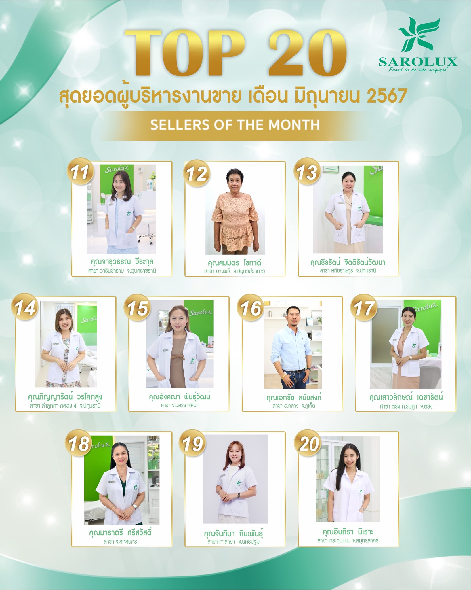 รางวัลเชิดชูเกียรติ เพชรสะโรรักษ์ สาขา 20 อันดับผู้บริหารงานขาย เดือนมิถุนายน 2567 ลำดับที่ 11-20