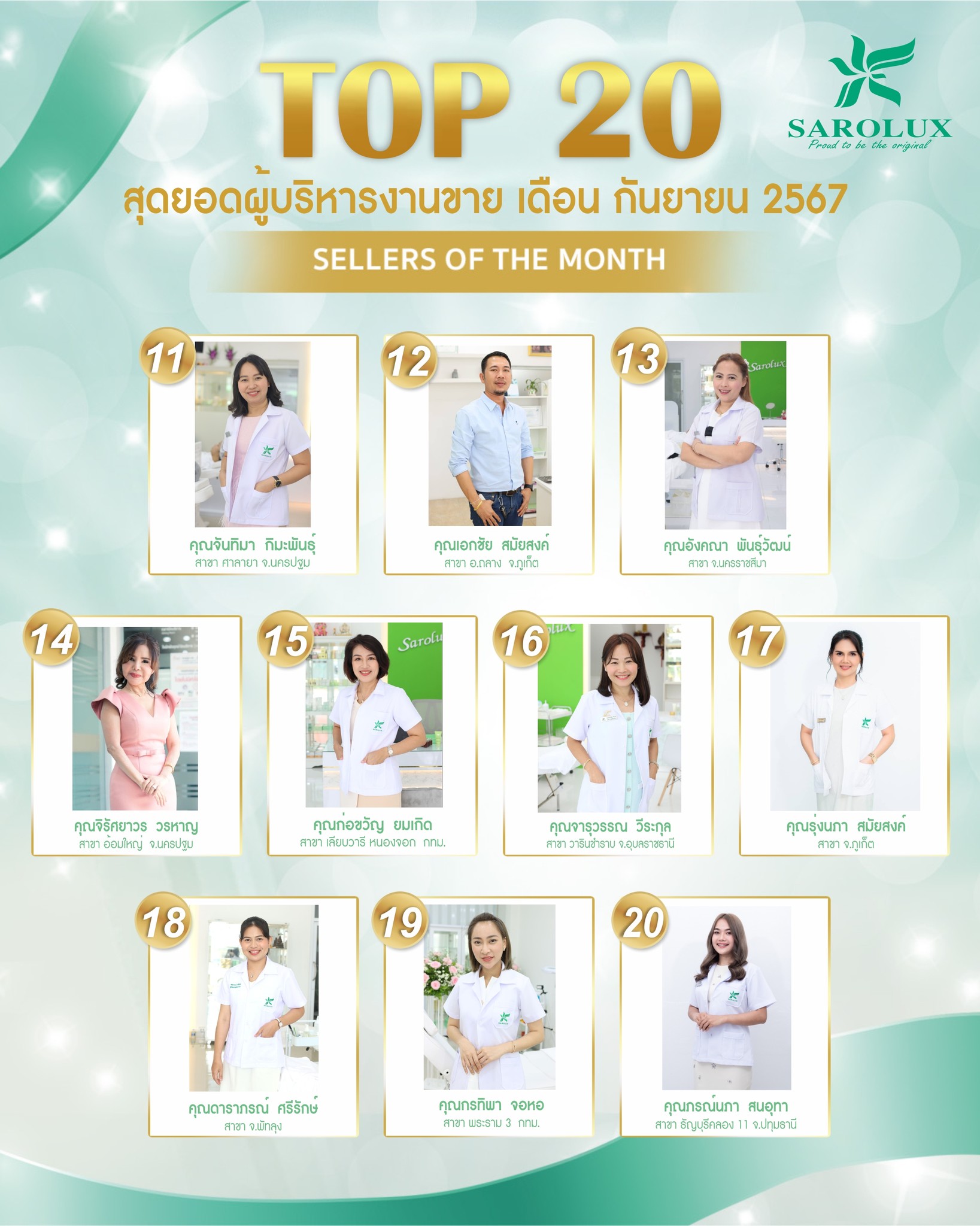 รางวัลเชิดชูเกียรติ เพชรสะโรรักษ์ สาขา 20 อันดับผู้บริหารงานขาย เดือนกันยายน 2567 ลำดับที่ 11-20