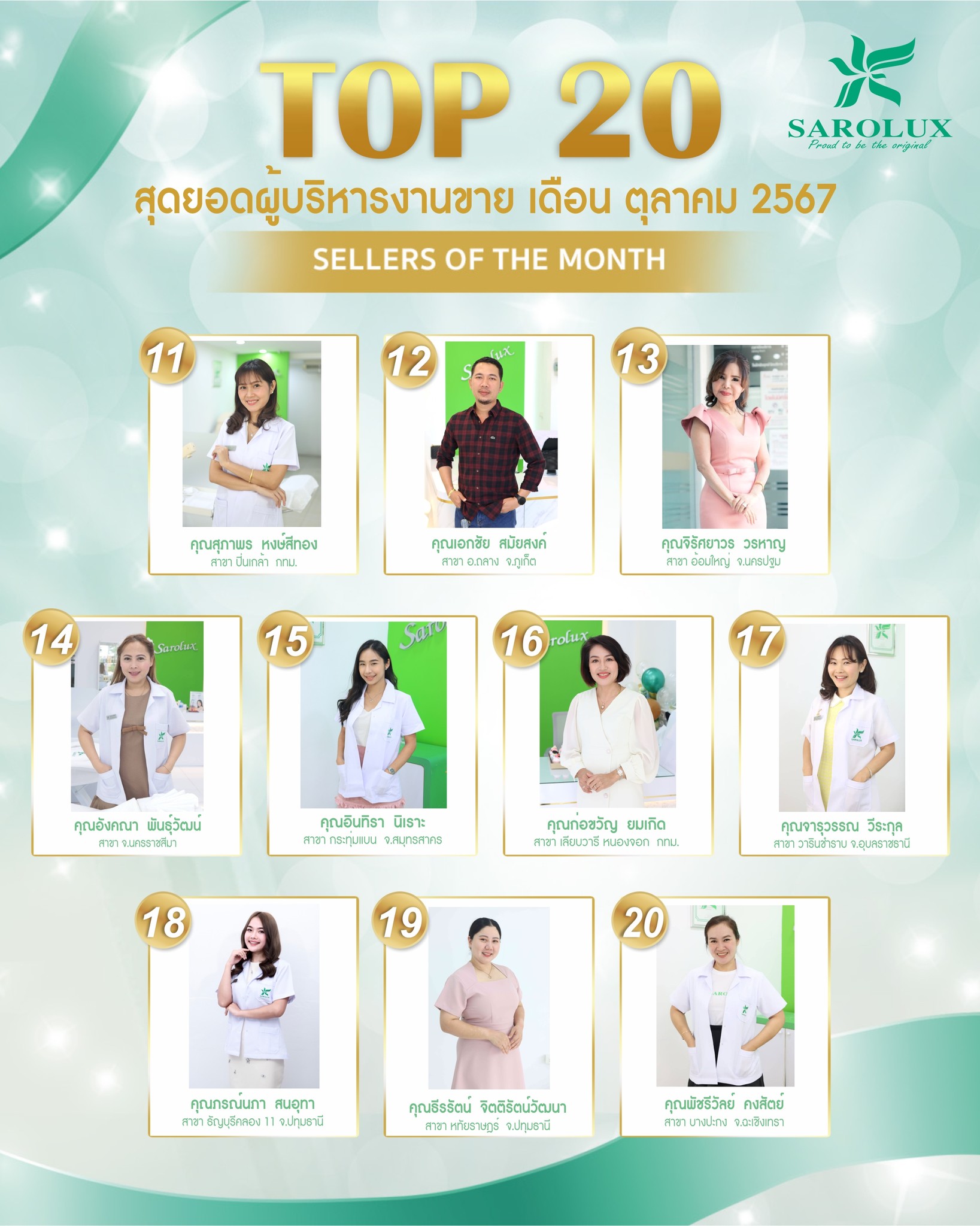 รางวัลเชิดชูเกียรติ เพชรสะโรรักษ์ สาขา 20 อันดับผู้บริหารงานขาย เดือนตุลาคม 2567 ลำดับที่ 11-20