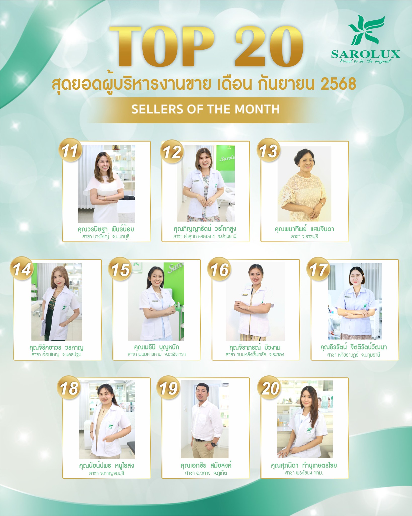 รางวัลเชิดชูเกียรติ เพชรสะโรรักษ์ สาขา 20 อันดับผู้บริหารงานขาย เดือนกันยายน 2568 ลำดับที่ 11-20