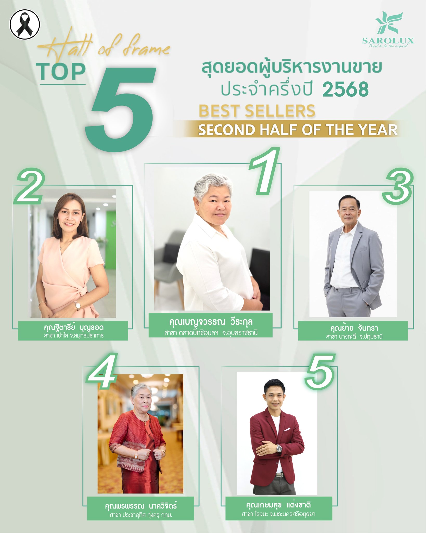 รางวัลเชิดชูเกียรติ เพชรสะโรรักษ์ สาขา "Top 5 สุดยอดผู้บริหารงานขาย ประจำครึ่งปีหลัง 2568"