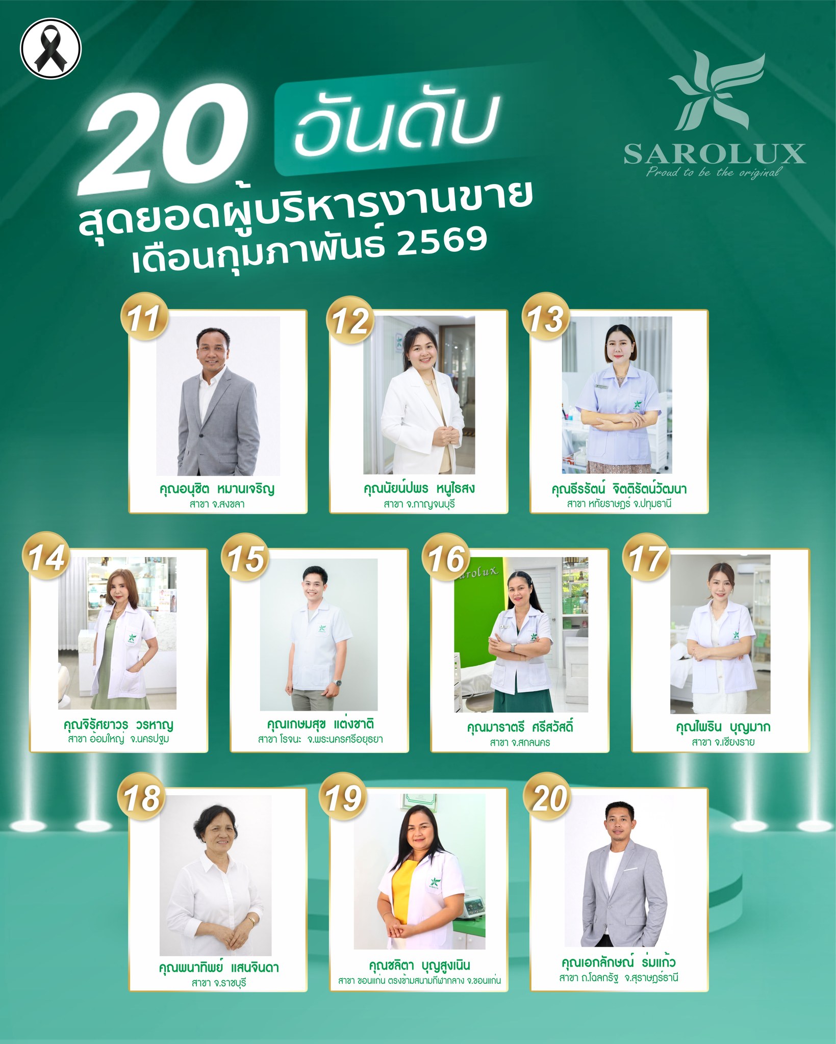 รางวัลเชิดชูเกียรติ เพชรสะโรรักษ์ สาขา 20 อันดับผู้บริหารงานขาย เดือนกุมภาพันธ์ 2569 ลำดับที่ 11-20